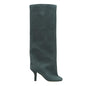 Trelako Women's Knee High Boots Green Suede Wide Calf Stiletto Long Booties Square Toe Pull On High Heel Riding Boots for Women Ladies Fahion Dress Tall Boots 18.5 Extra Wide Calf