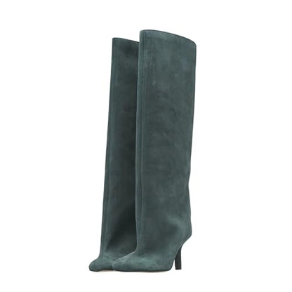 Trelako Women's Knee High Boots Green Suede Wide Calf Stiletto Long Booties Square Toe Pull On High Heel Riding Boots for Women Ladies Fahion Dress Tall Boots 18.5 Extra Wide Calf