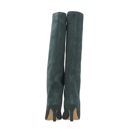 Trelako Women's Knee High Boots Green Suede Wide Calf Stiletto Long Booties Square Toe Pull On High Heel Riding Boots for Women Ladies Fahion Dress Tall Boots 18.5 Extra Wide Calf