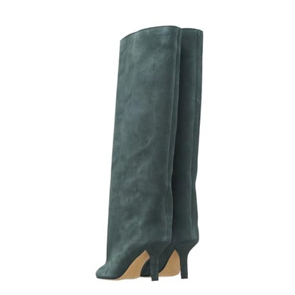 Trelako Women's Knee High Boots Green Suede Wide Calf Stiletto Long Booties Square Toe Pull On High Heel Riding Boots for Women Ladies Fahion Dress Tall Boots 18.5 Extra Wide Calf